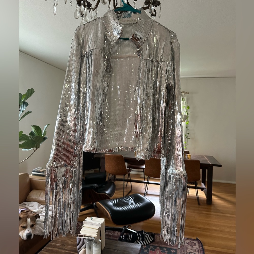 Tassel silver sequin fringed tinsel jacket